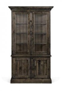 A wooden cabinet with glass doors and two drawers.