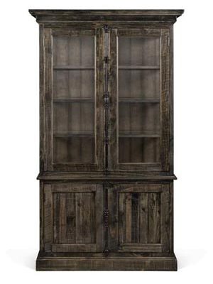 A wooden cabinet with glass doors and two drawers.