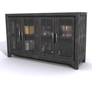 A black cabinet with four glass doors and two drawers.