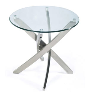 A glass table with metal legs on top of it.