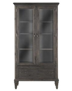 A dark wood cabinet with glass doors and drawers.