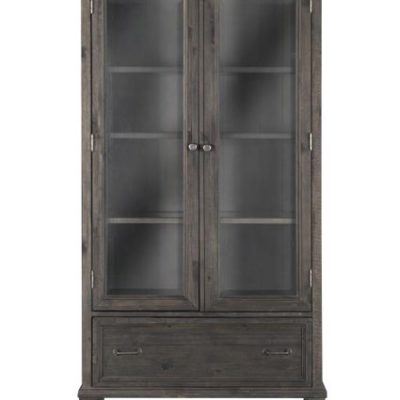 A dark wood cabinet with glass doors and drawers.