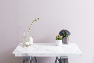 A table with two vases and plants on it