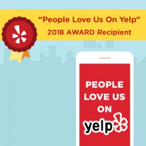 A red phone with the words " people love us on yelp 2 0 1 8 award recipient ".