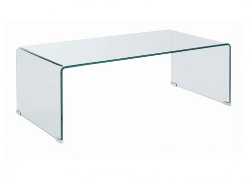 A glass coffee table with curved legs and a clear top.