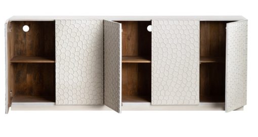 A white cabinet with two doors and shelves.